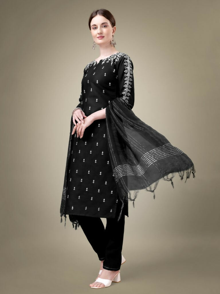 Jyoti Fashion Women's Black Cotton Blend Embroidery & Sequence work Kurta with Trouser & Dupatta