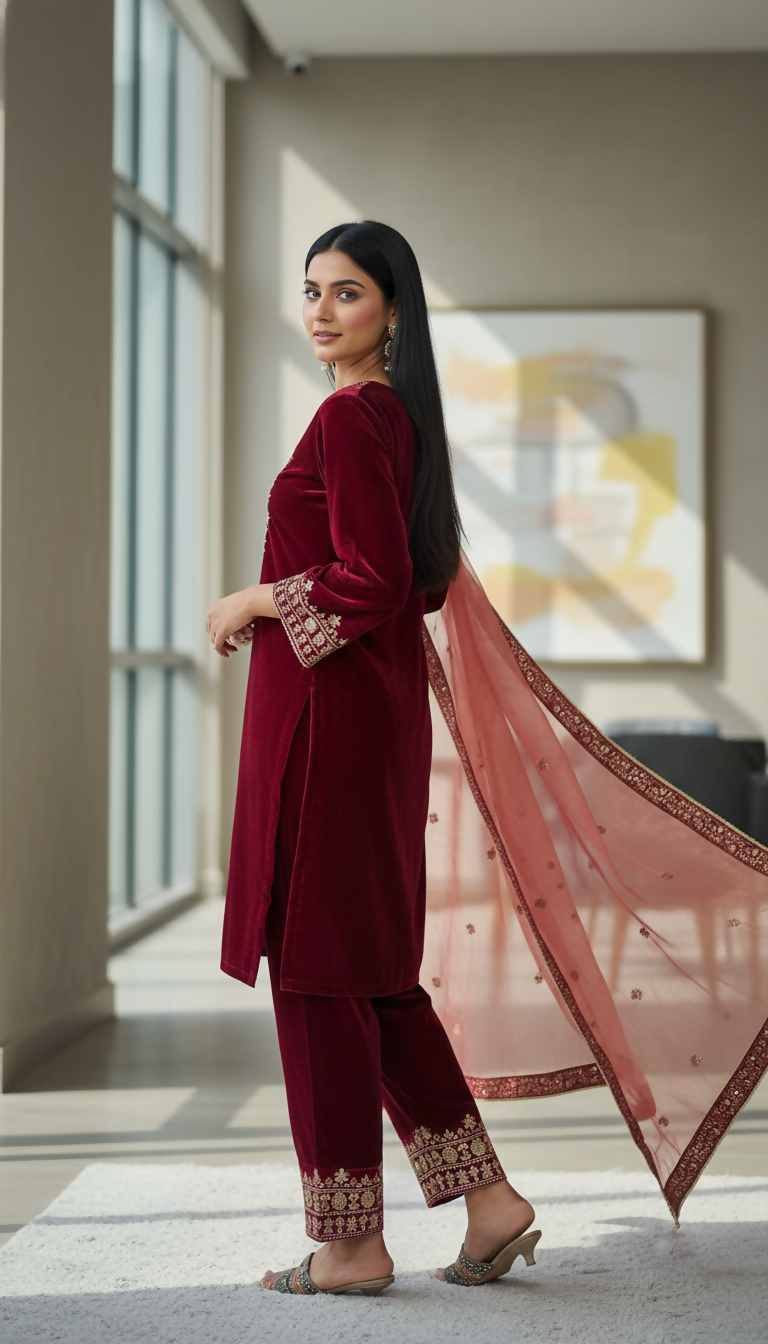 Teeya Creation Red Color Velvet Designer Embroidery Work party Wear Suit