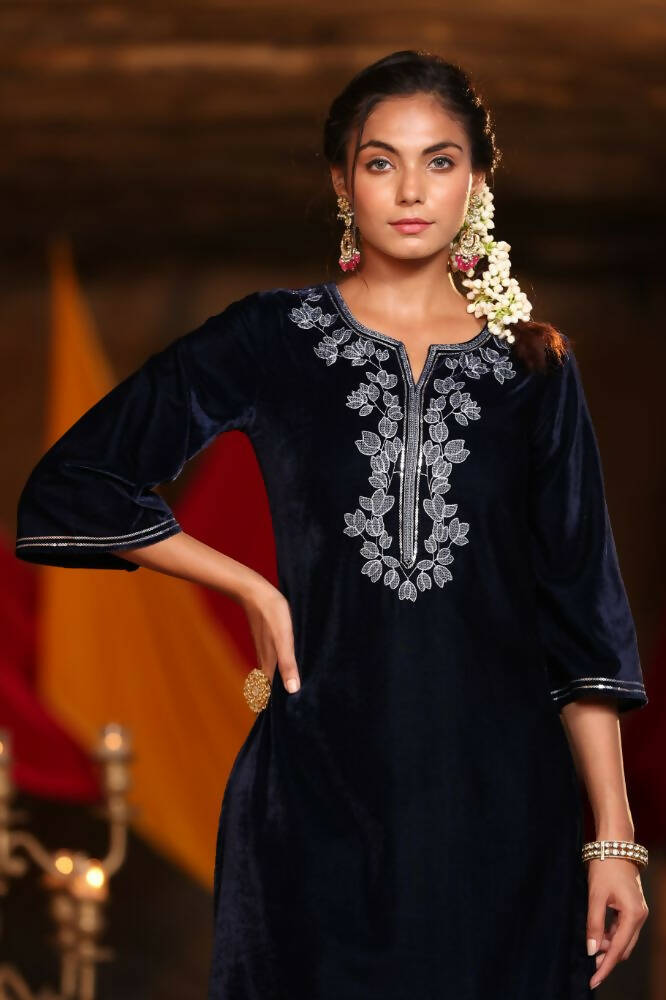 Juniper Women Navy Velvet Embroidered Straight Kurta Sets