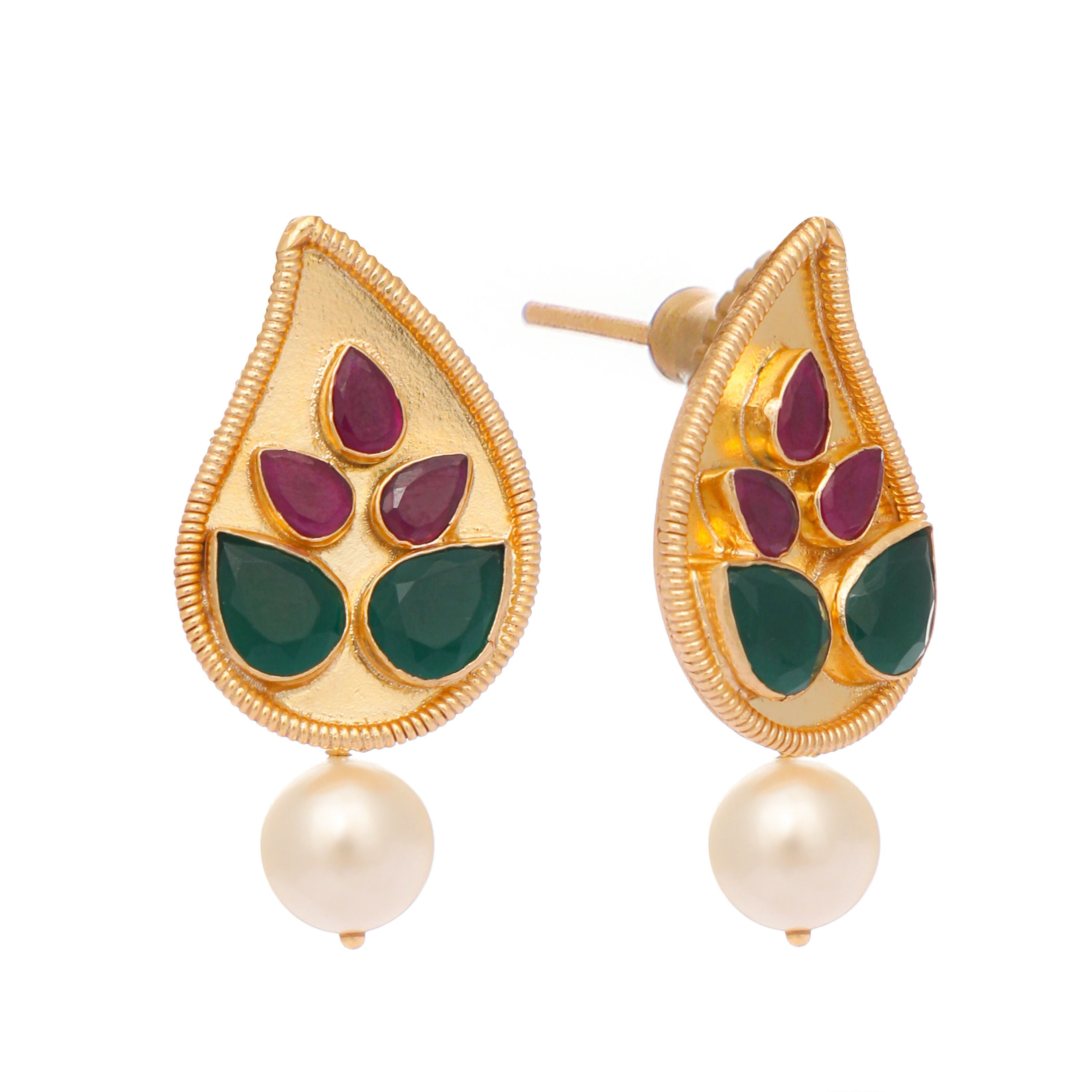 Nuyug 22K Gold Plated Emarald Stone Studded Contemporary Petal Shaped Pearl Drop Stud Earrings