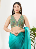 Joban Fashion Green Multi Georgette Padded Blouse With V Neck Sleeveless