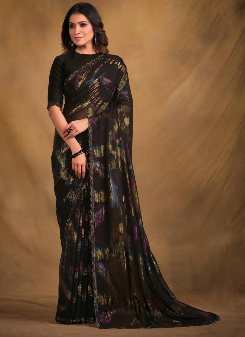 Black Zari Jacquard Print Designer Saree with Unstitched Blouse - Norita Mahitha