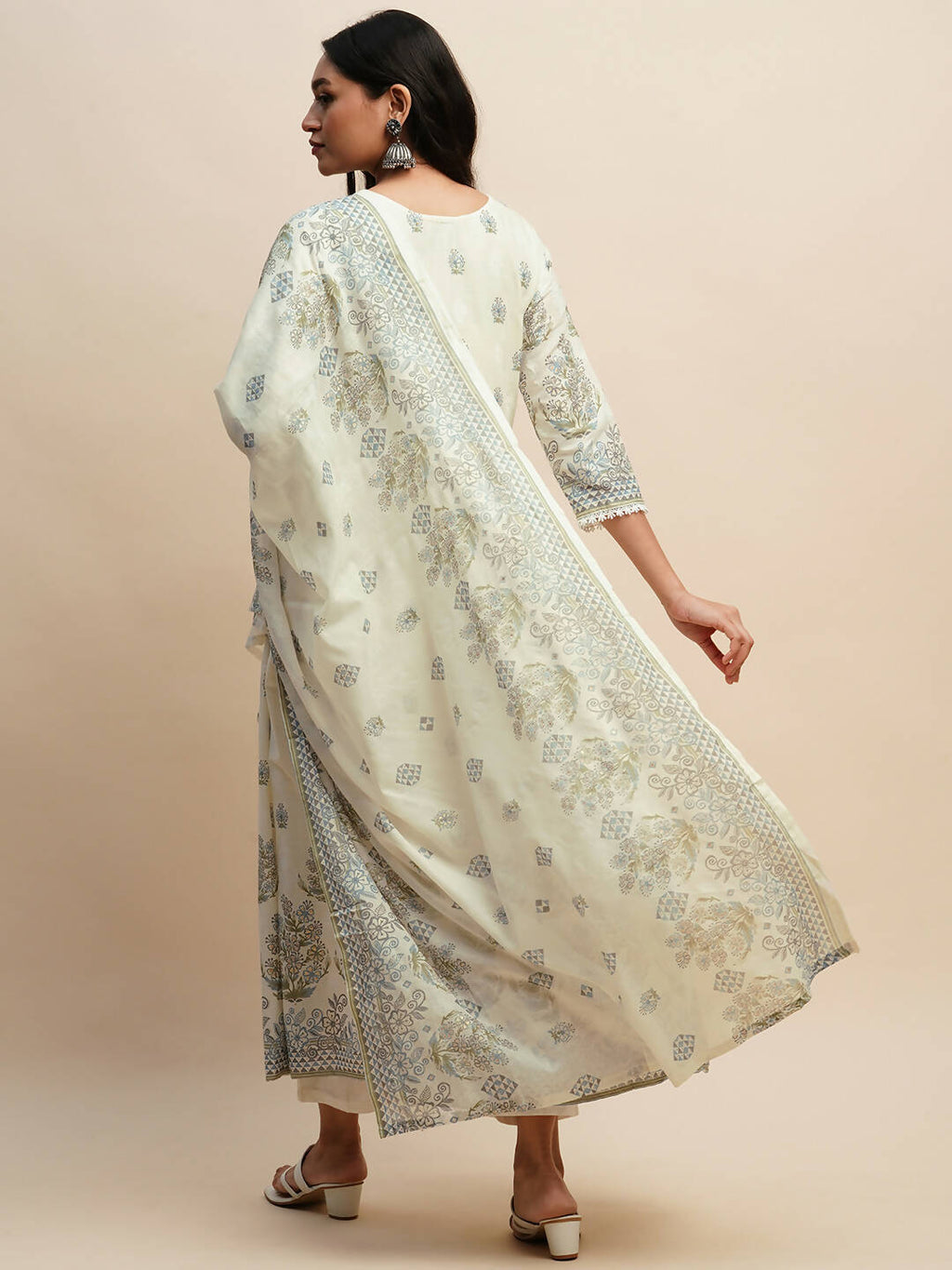 White And Blue Pure Cotton Floral Printed Anarkali Kurta And Bottom With Dupatta - Akashara