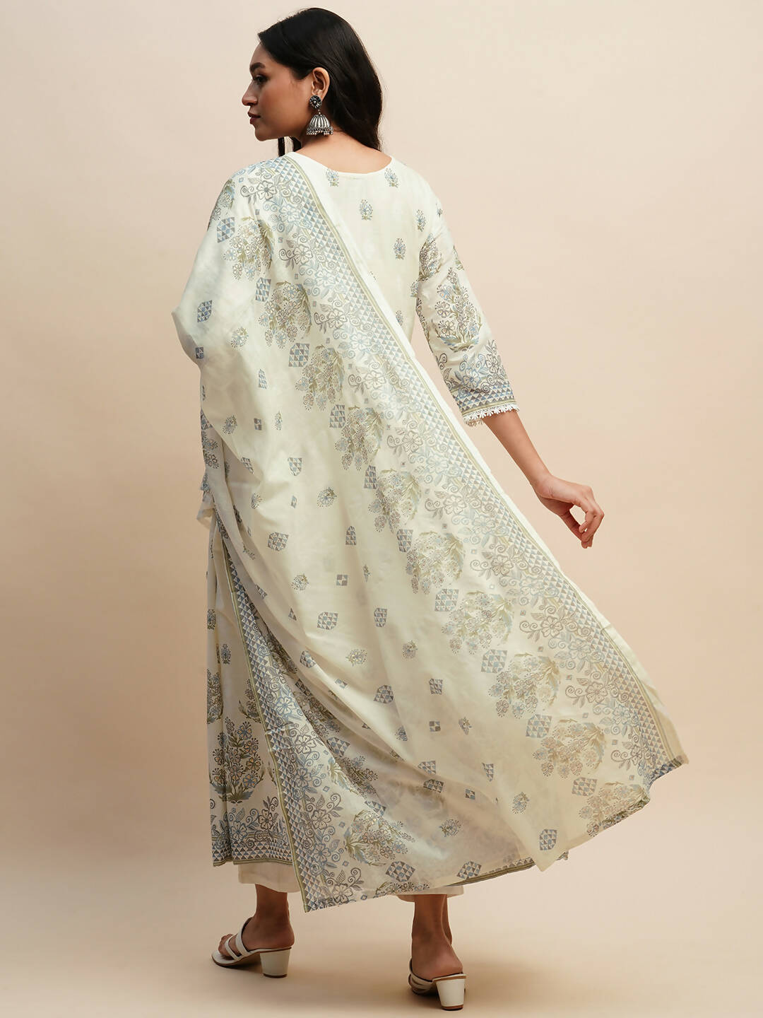 White And Blue Pure Cotton Floral Printed Anarkali Kurta And Bottom With Dupatta - Akashara