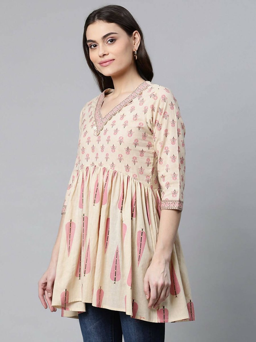 Ahalyaa Women Beautiful Beige Pure Cotton Printed Tunic