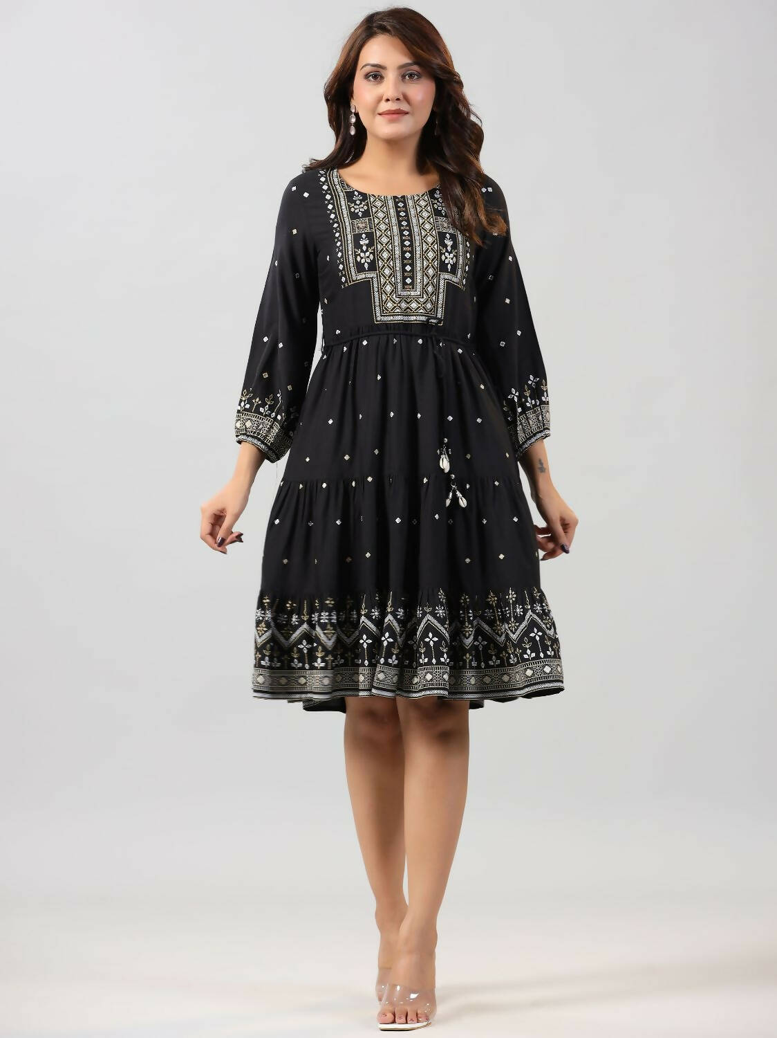 Juniper Women Black Rayon Printed Short Tiered Dress