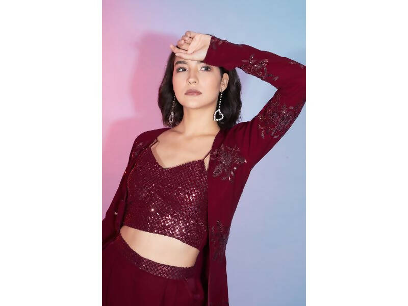Red Georgette Sequence With Thread Designer Co-Ord Set - Flory