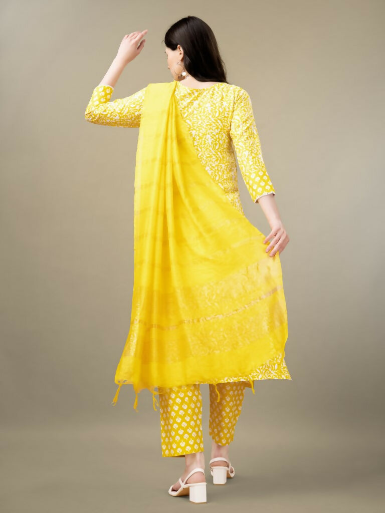 Jyoti Fashion Women's Yellow Rayon Embroidery & Sequence work Kurta with Trouser & Dupatta