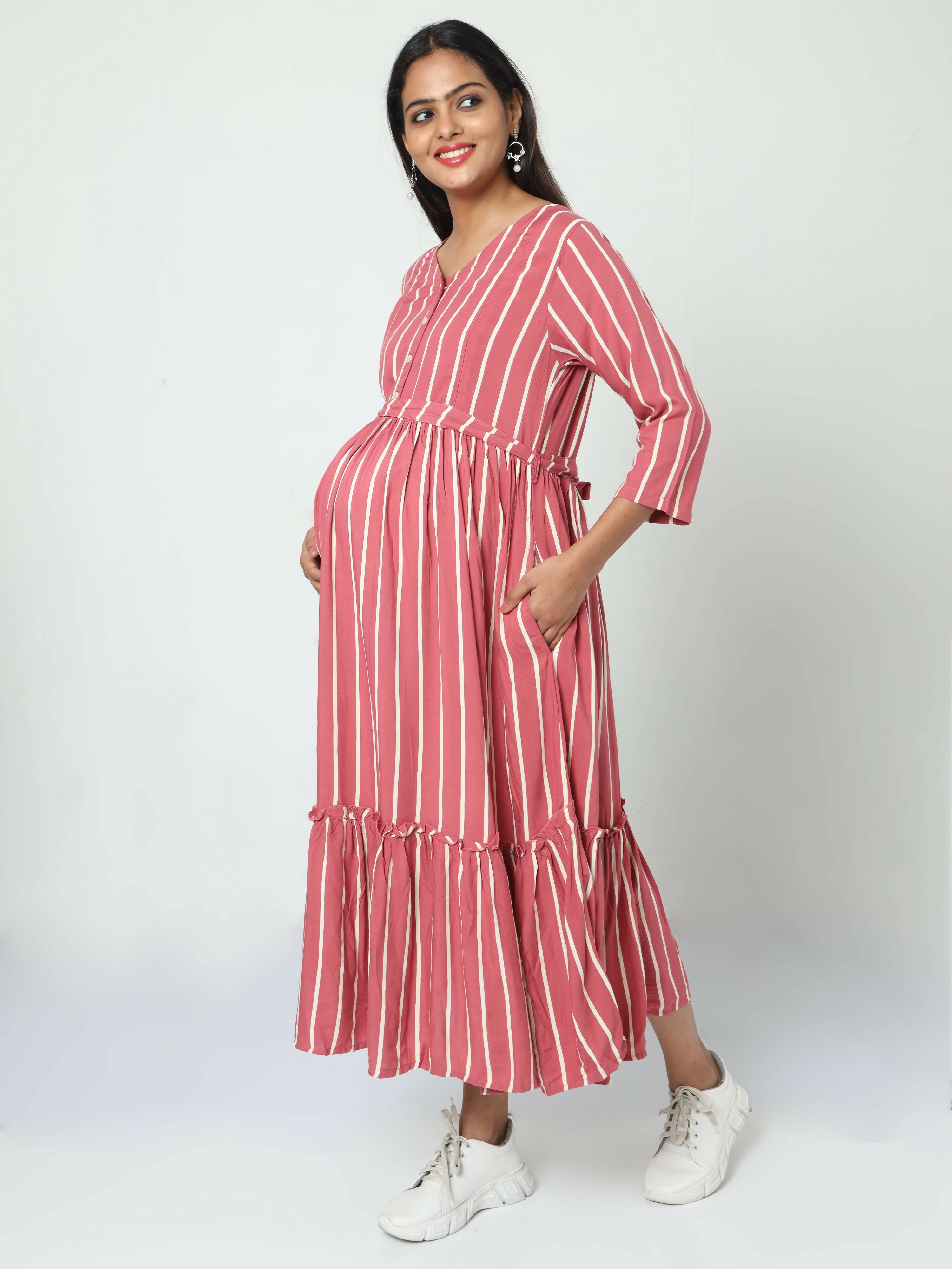 Manet Three Fourth Maternity Dress Striped With Concealed Zipper Nursing Access - Pink