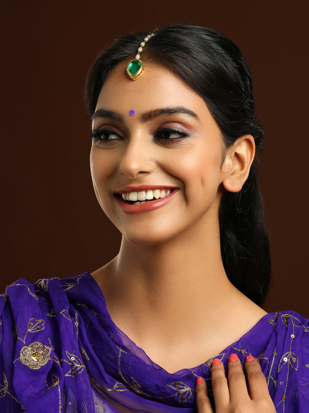 Ruby Raang Green Tear Drop Green Meenakari Maang Tikka