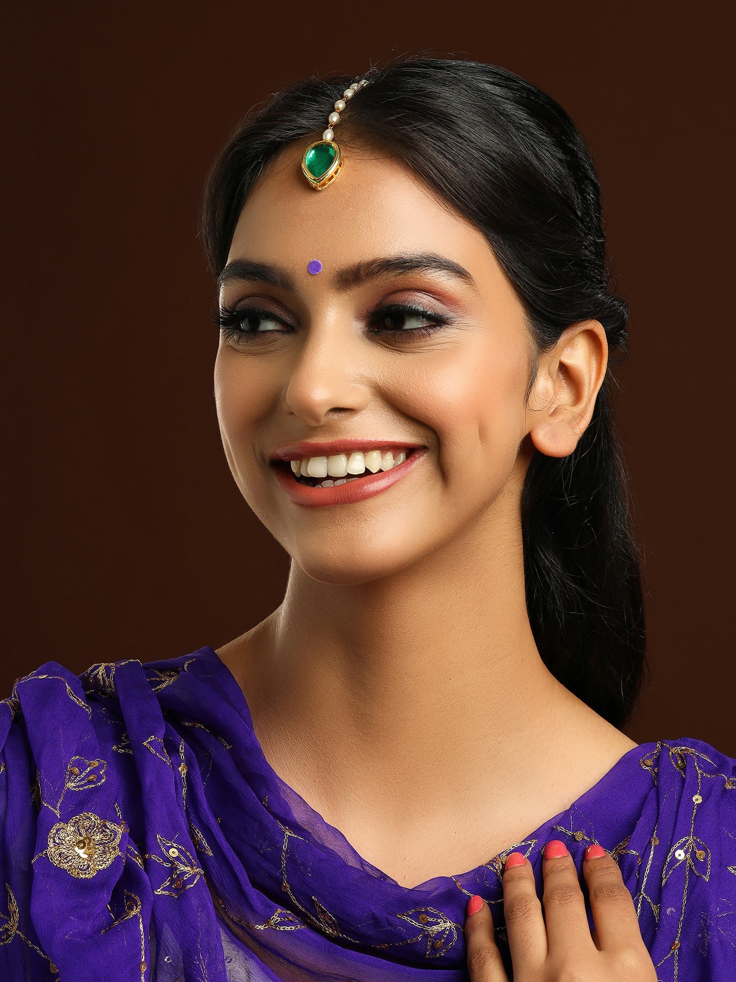 Ruby Raang Green Tear Drop Green Meenakari Maang Tikka