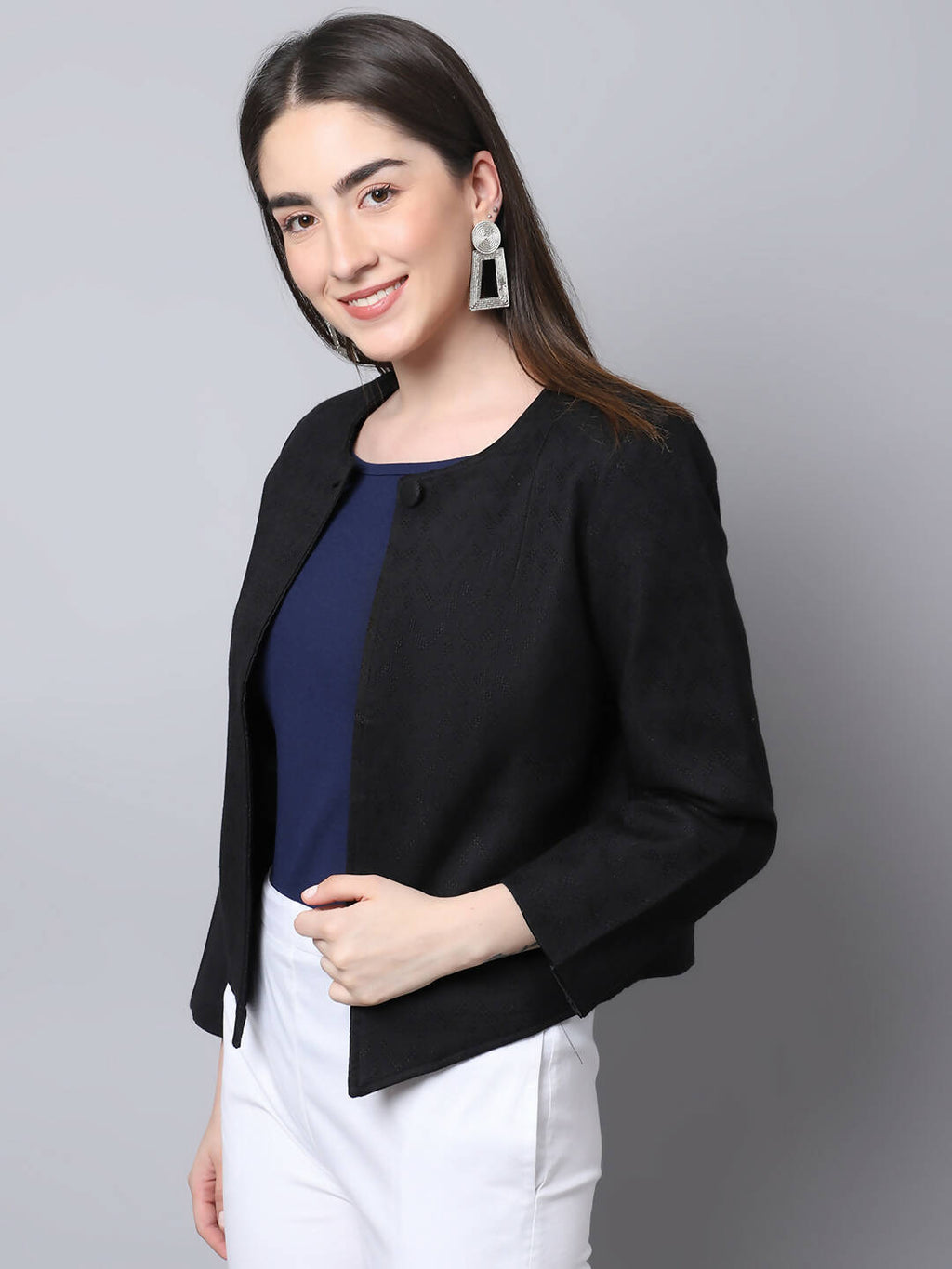 Even Apparels Black 100% Viscose Open Front Statement Women's Jacket