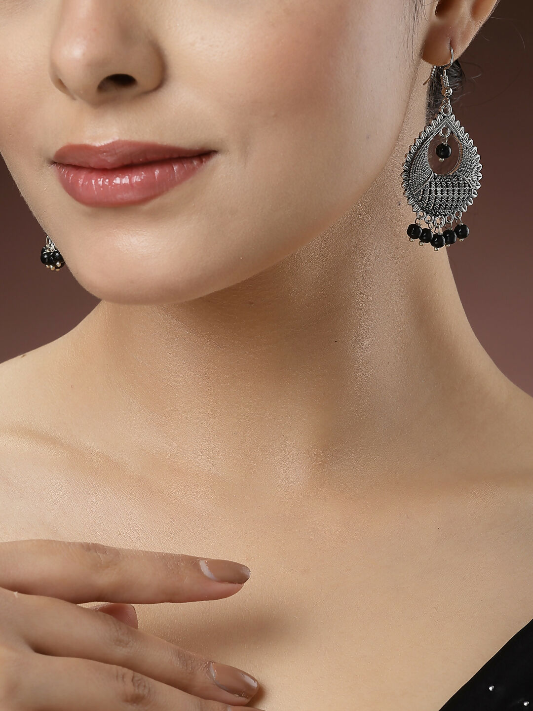 NVR Women's Set of 3 Silver-Toned German Silver Oxidised Dome Shaped Jhumka Earrings