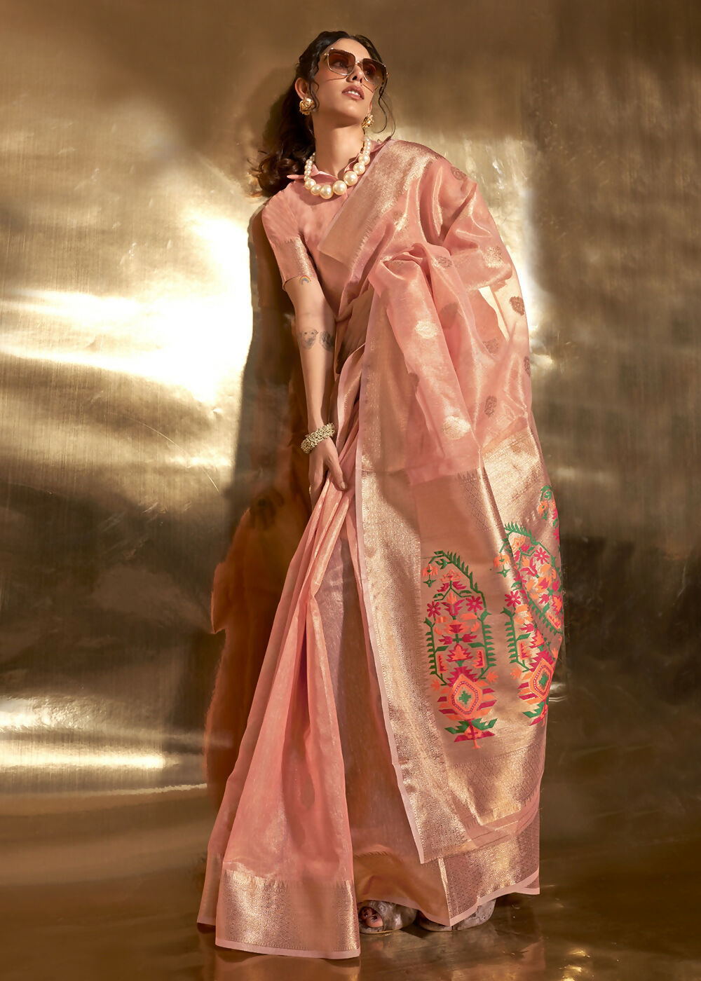 Peach Handwoven Tissue Fabric Festive & Party Style Saree - Emponline
