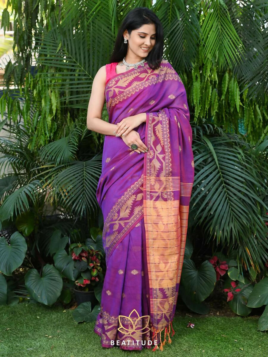 Exclusive Collection Beautiful Violet Pure Cotton Woven Handloom Saree With Running Blouse Piece