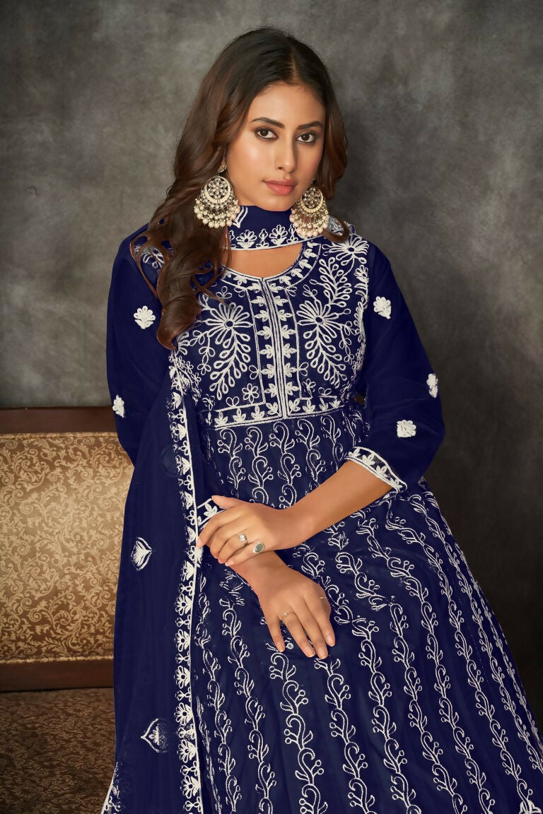 Jyoti Fashion Women's Blue Net Embroidered Anarkali Kurta Pant Set With Dupatta
