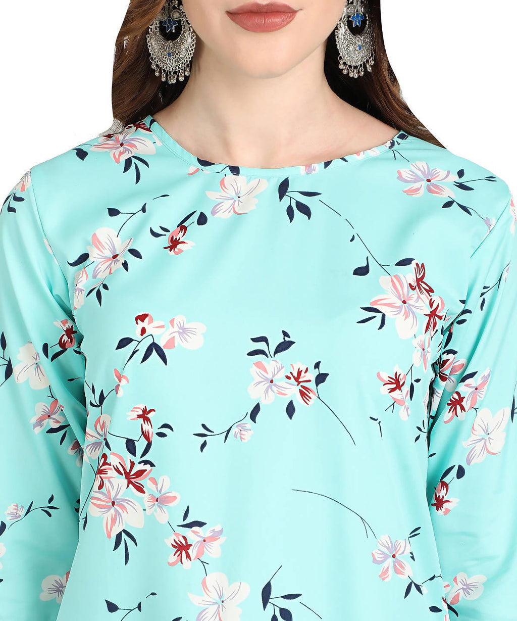 Vamika Sky Blue French Crepe Printed Party Wear/Casual Wear Kurti