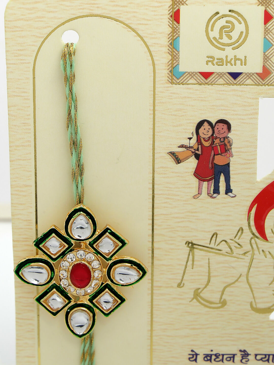 NVR Women & Men Set of 2 Gold Kundan-Studded Handcrafted Wraparound Rakhi Set With Roli Chawal