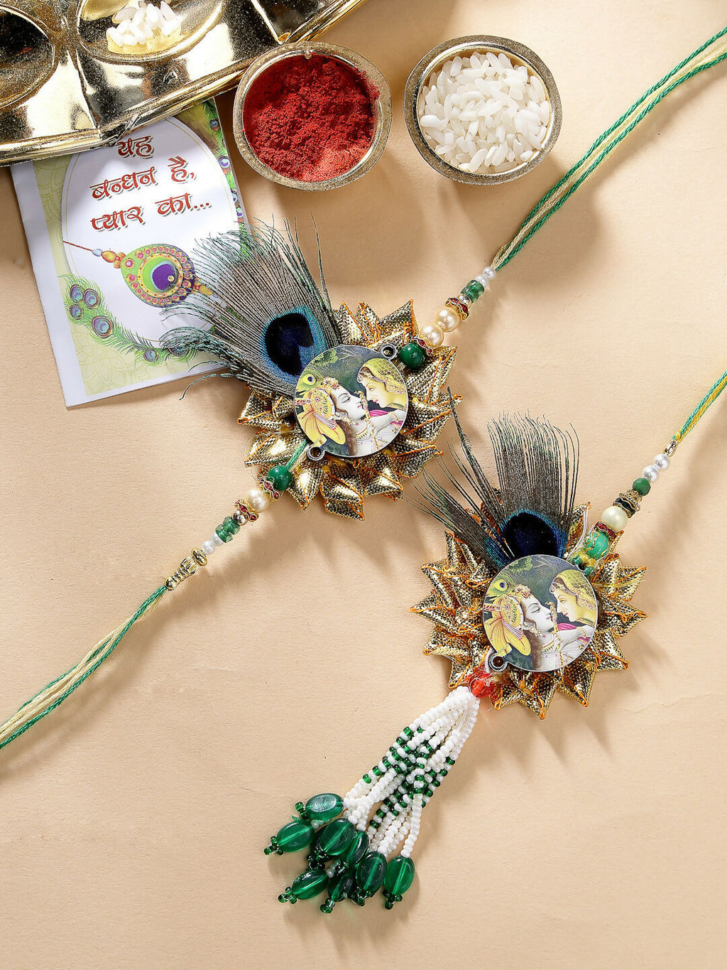 NVR Women & Men Set of 2 Green Radha Krishna Beaded Bhaiya Bhabhi Rakhi With Roli Chawal & Chocolate