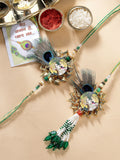 NVR Women & Men Set of 2 Green Radha Krishna Beaded Bhaiya Bhabhi Rakhi With Roli Chawal & Chocolate