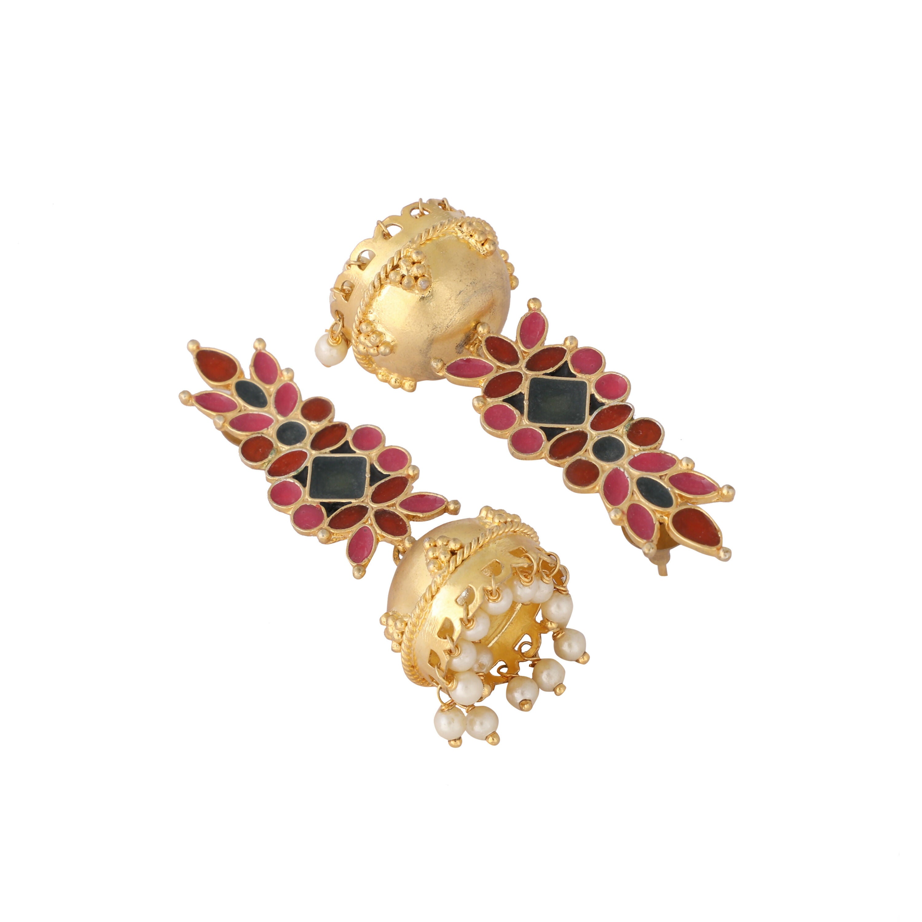 Nuyug 22K Gold-Plated Enamel & Beaded Dome Shaped Jhumka Earrings