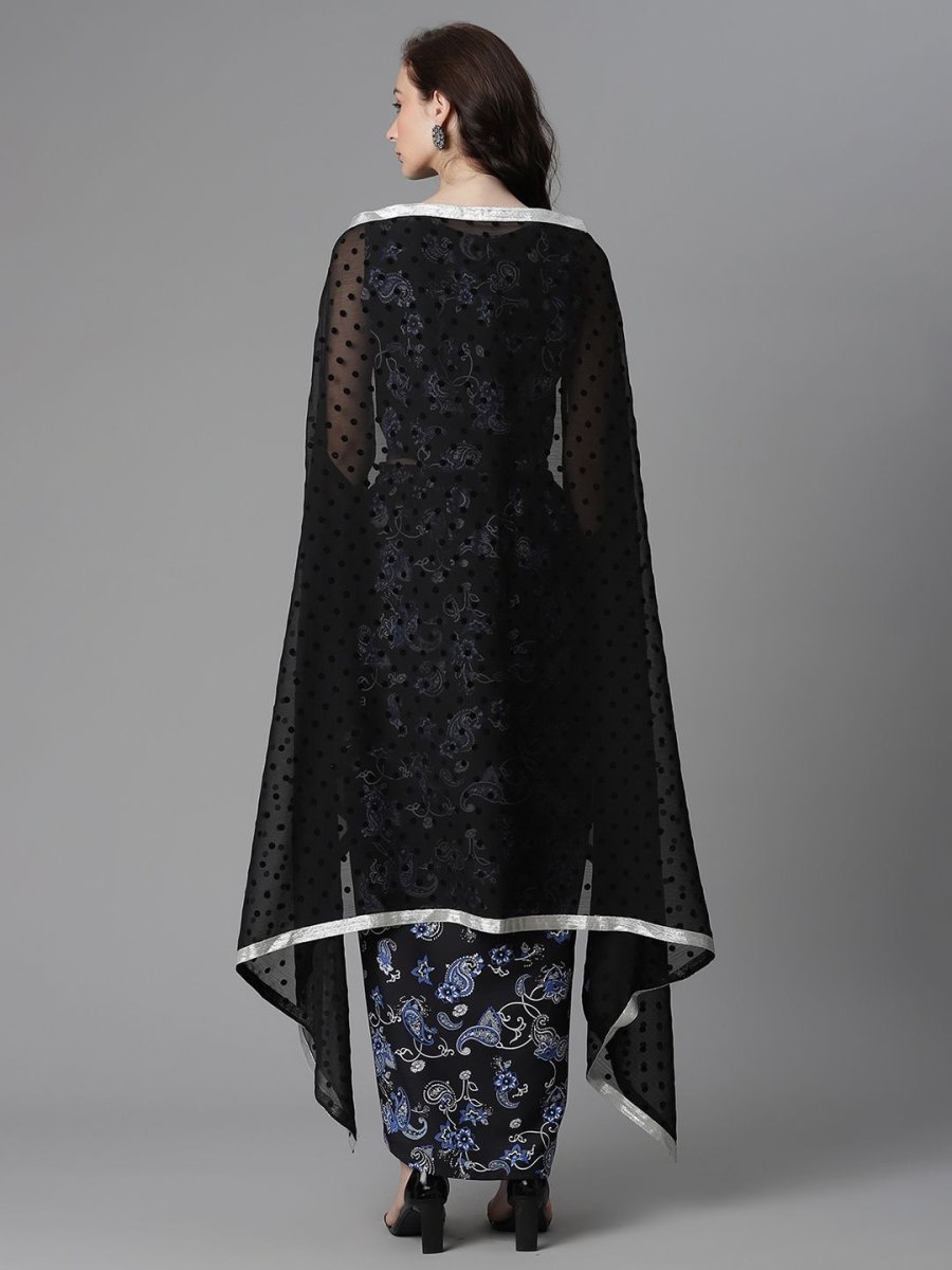 Ahalyaa Women's Black Crepe Digital Print Top Skirt With Shrug