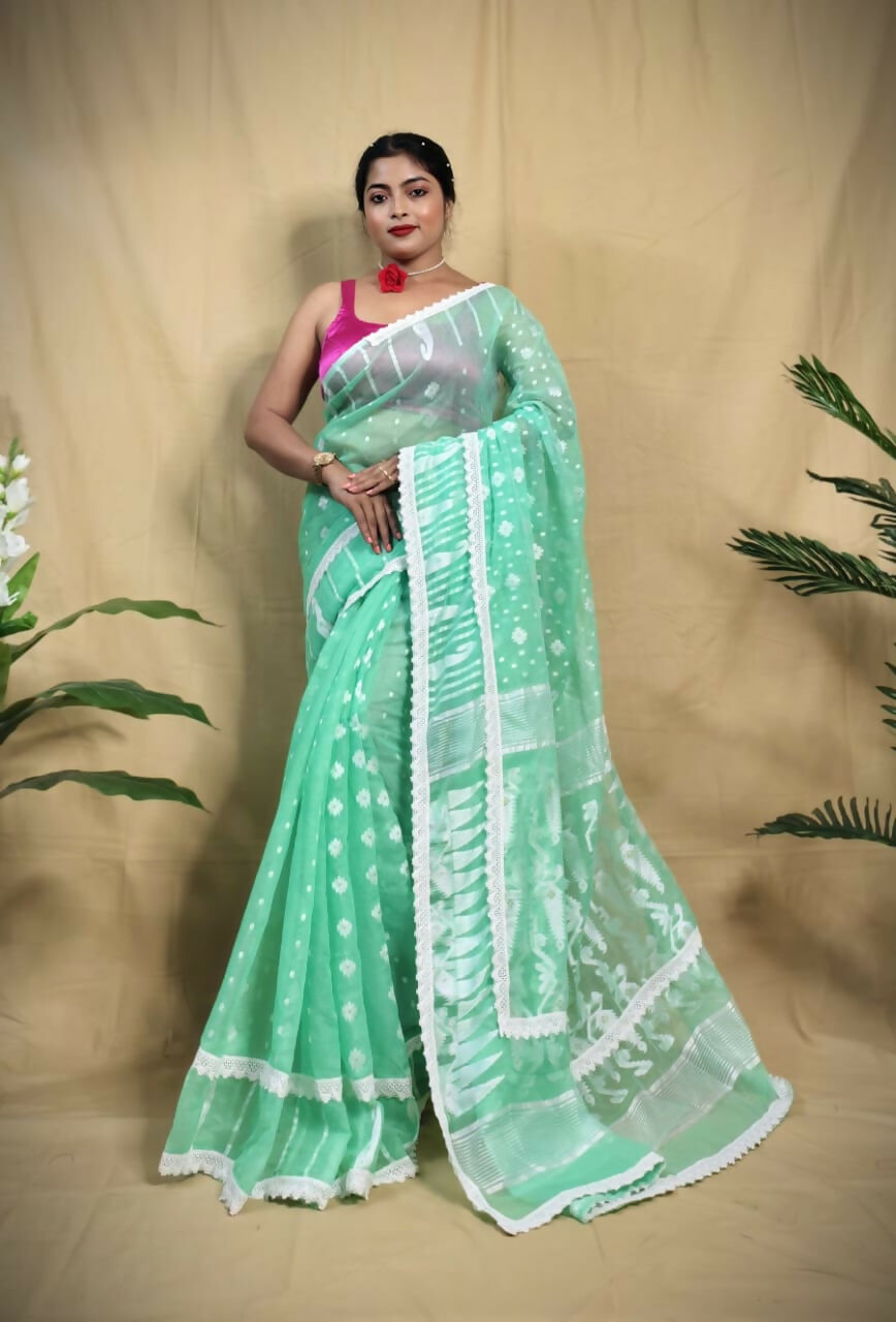 Exclusive Collection Beautiful Turquoise Jaal Jamdani Saree