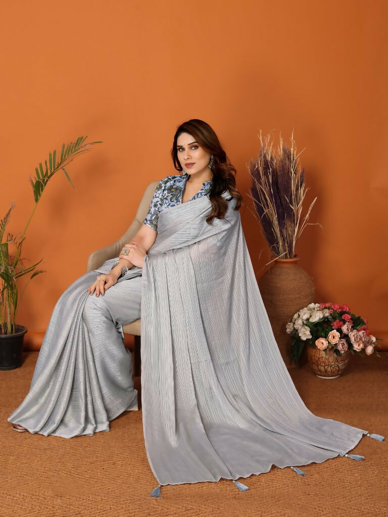 Partywear Designer Grey Polyester Zari Fancy Saree - Starwalk