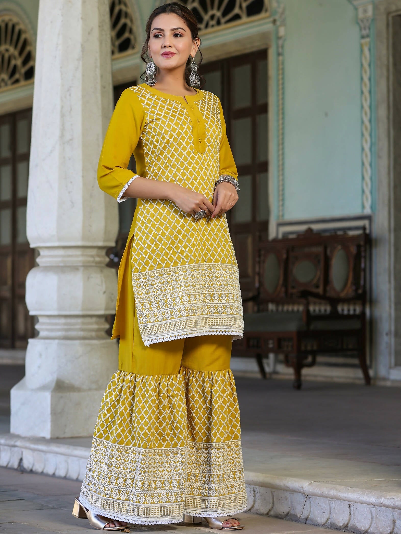 Juniper Women's Mustard Chinnon Embroidered Kurta Garara Set