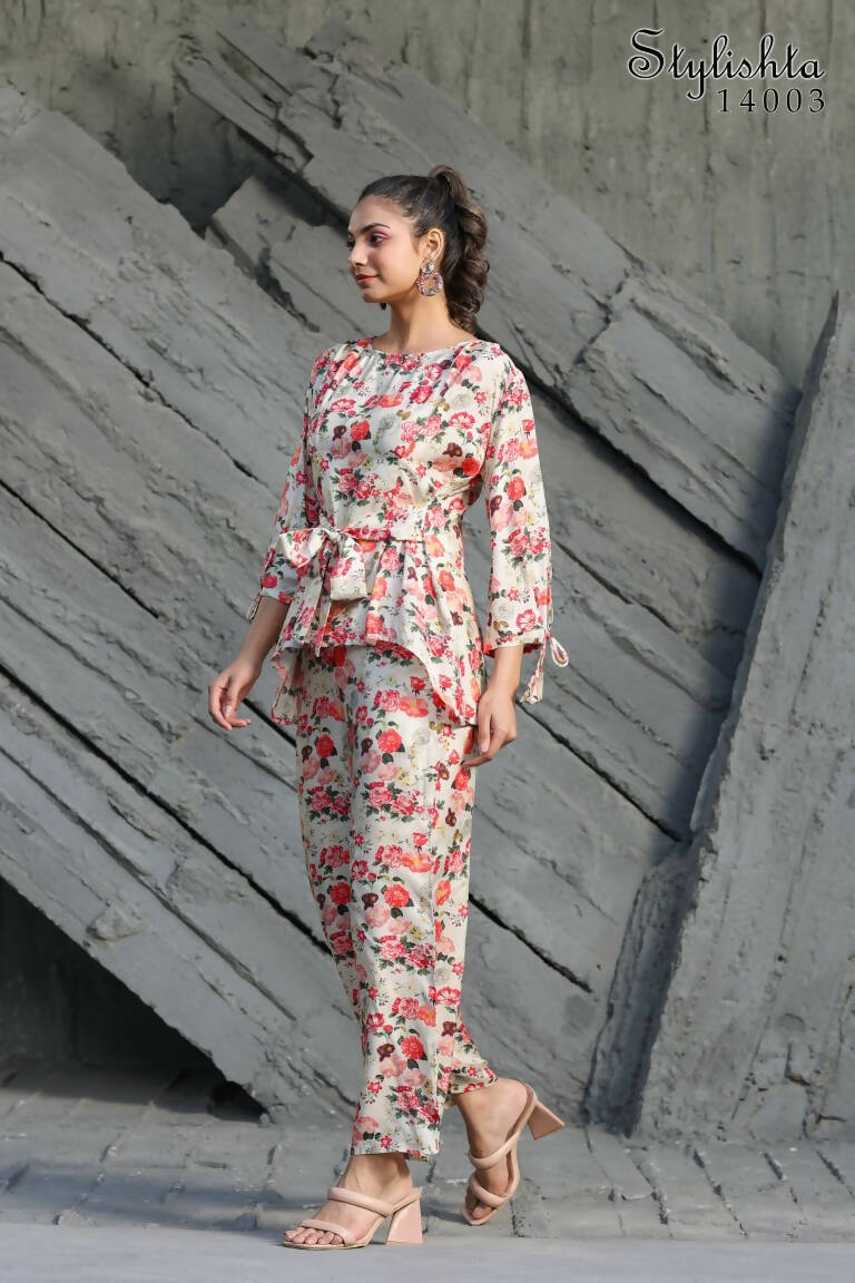 Women's Partywear Designer White & Multi Muslin co-ord set - Stylishta