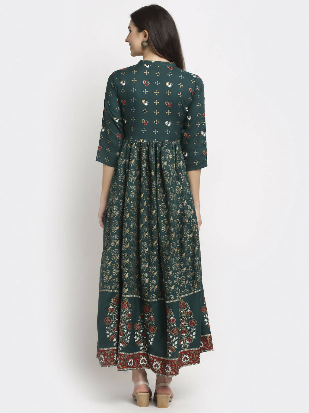 Rudra Bazaar Floral Printed A-Line Flared Green Kurti
