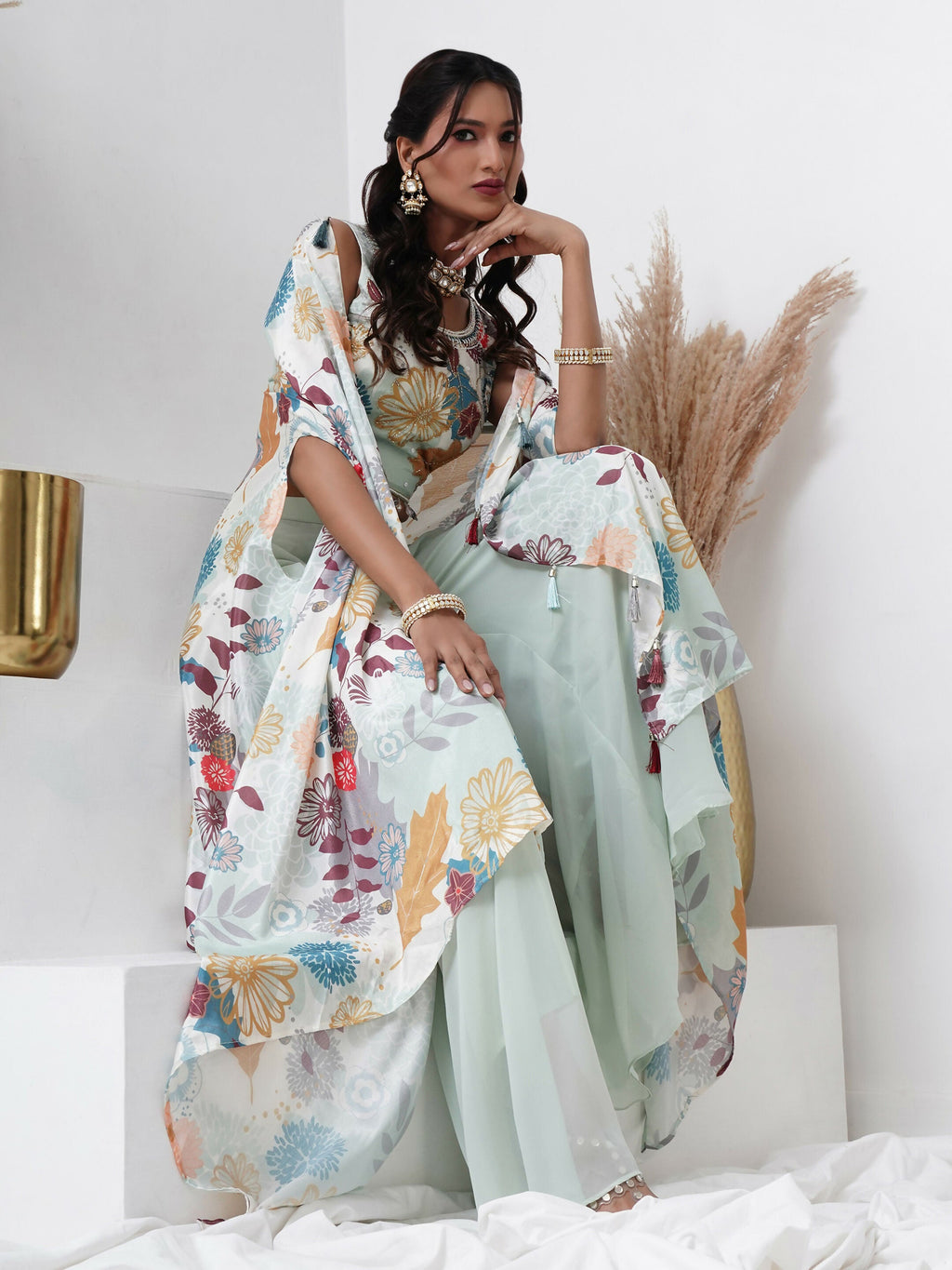 Sea Green Digital Chinon Handwork Top with Palazzo & Shrug - Naomika