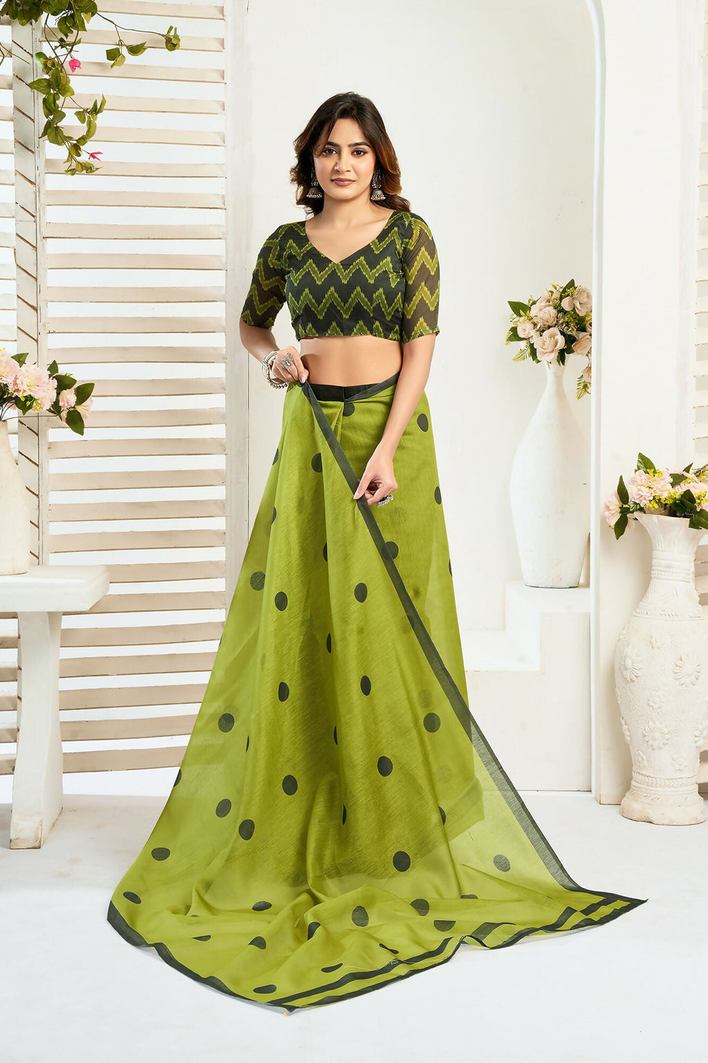 Vastranavya Olive Digital Printed Linen Ready To Wear Designer Saree with Unstitched Blouse