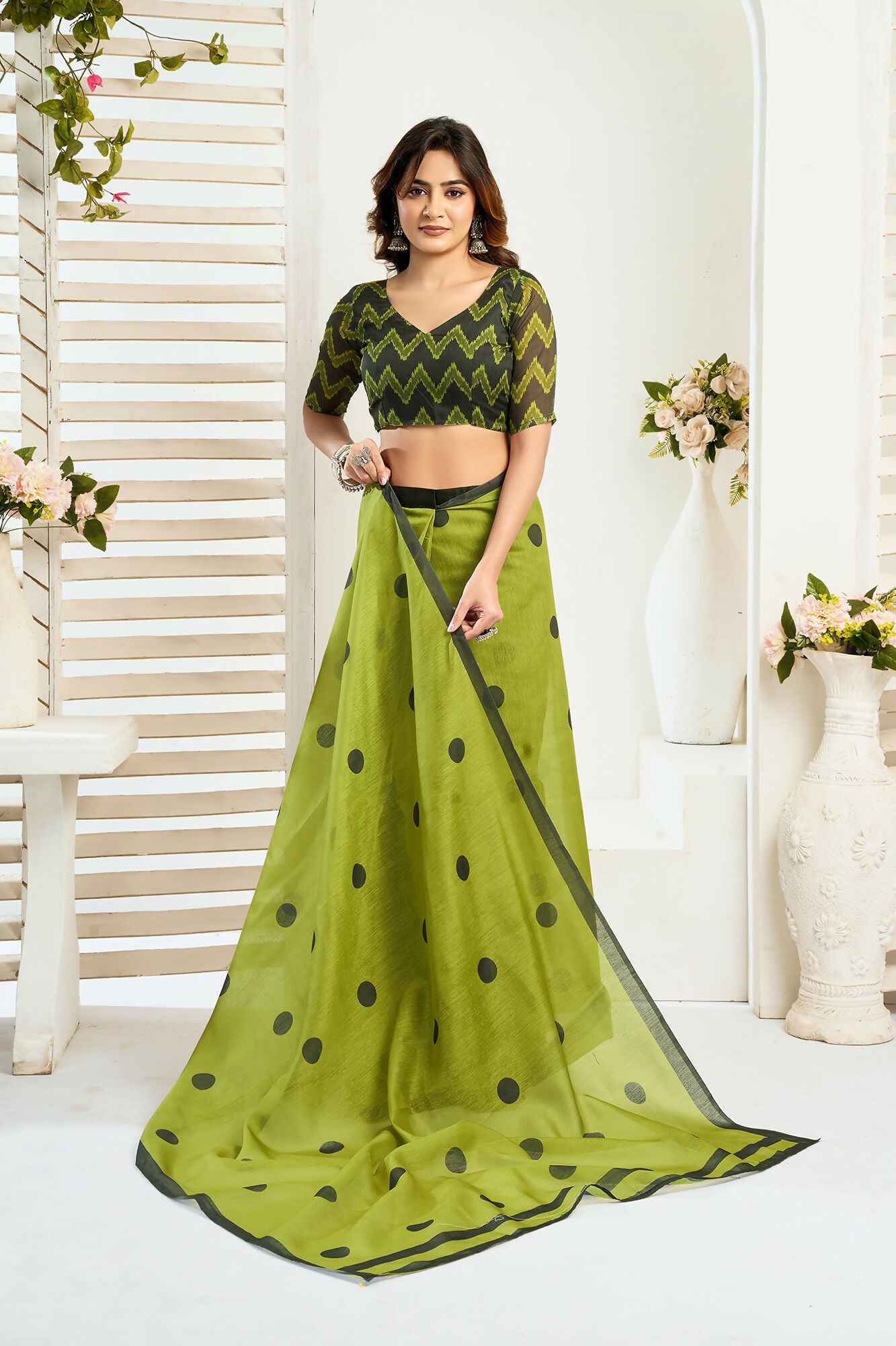 Vastranavya Olive Digital Printed Linen Ready To Wear Designer Saree with Unstitched Blouse