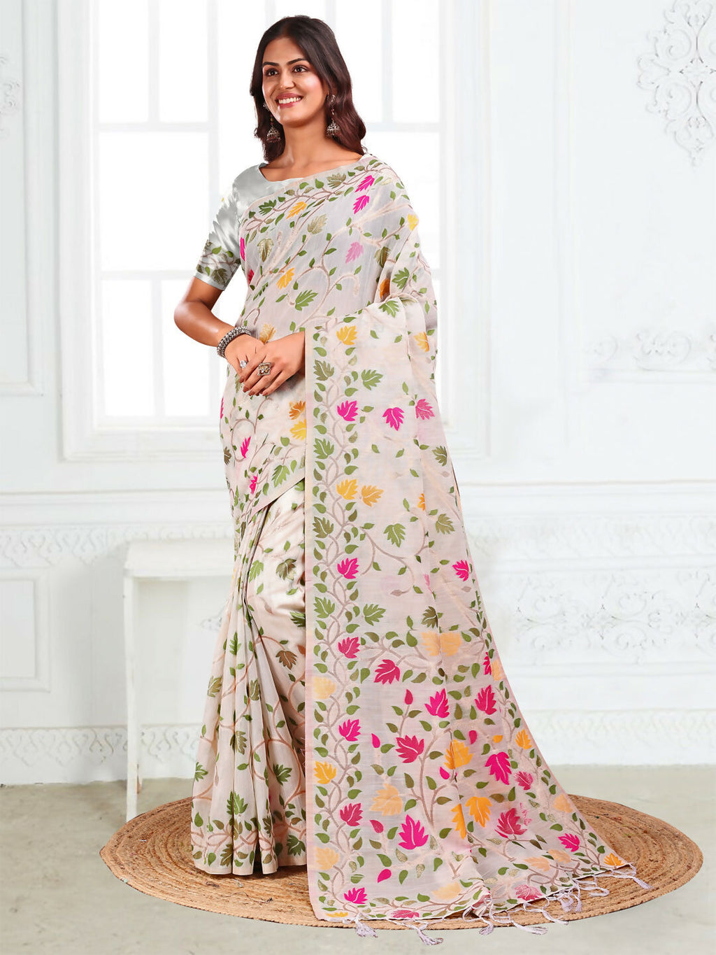 Shree Shyam Fashion Linen Cotton White Saree