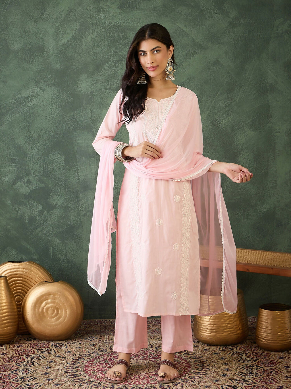 The52 Baby pink Women's Gorgeous Cotton Blend Fabric Thread Work Straight Kurta, Pant and Dupatta Set