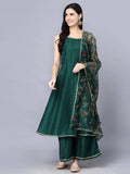 Myshka Women Green Ethnic Motifs Yoke Design Panelled Kurti with Sharara With Dupatta