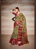 Green Cotton Floral Printed Saree With Unstitched Blouse Piece - Kathika
