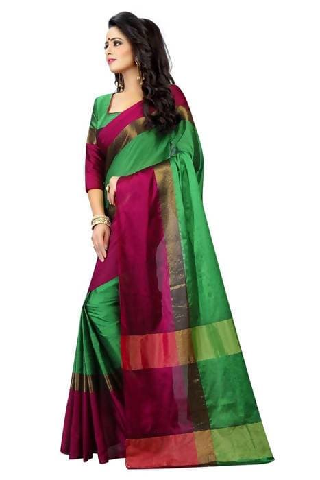 Vamika Green and Parrot Pink Cotton Silk Weaving Saree (Shreeji Parrot Pink)