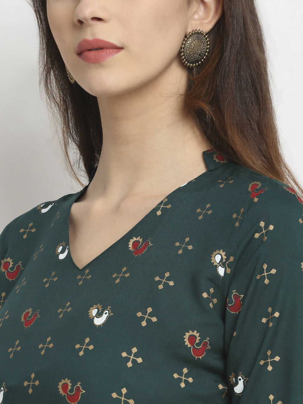 Rudra Bazaar Floral Printed A-Line Flared Green Kurti