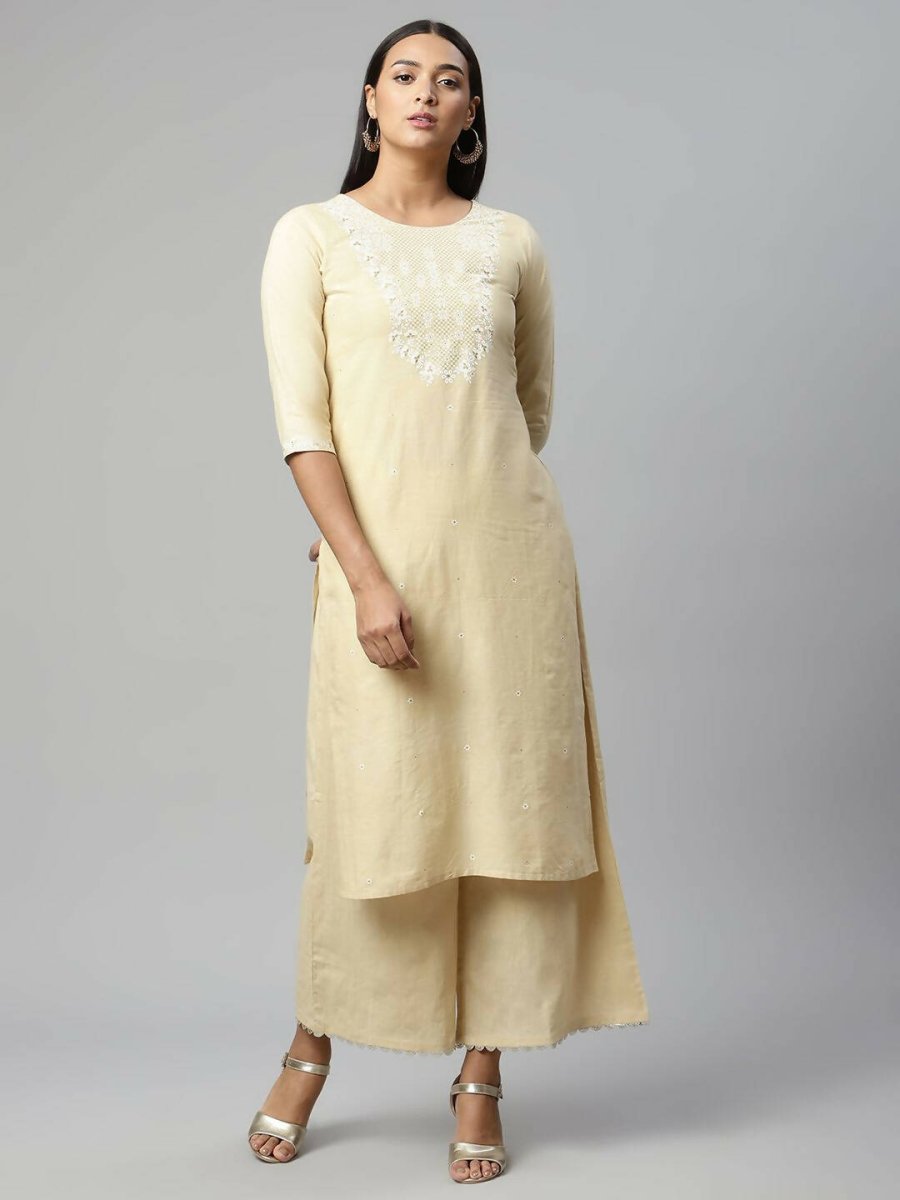 Ahalyaa Womens Chiku Pure Cotton Printed Kurta Palazzo Set