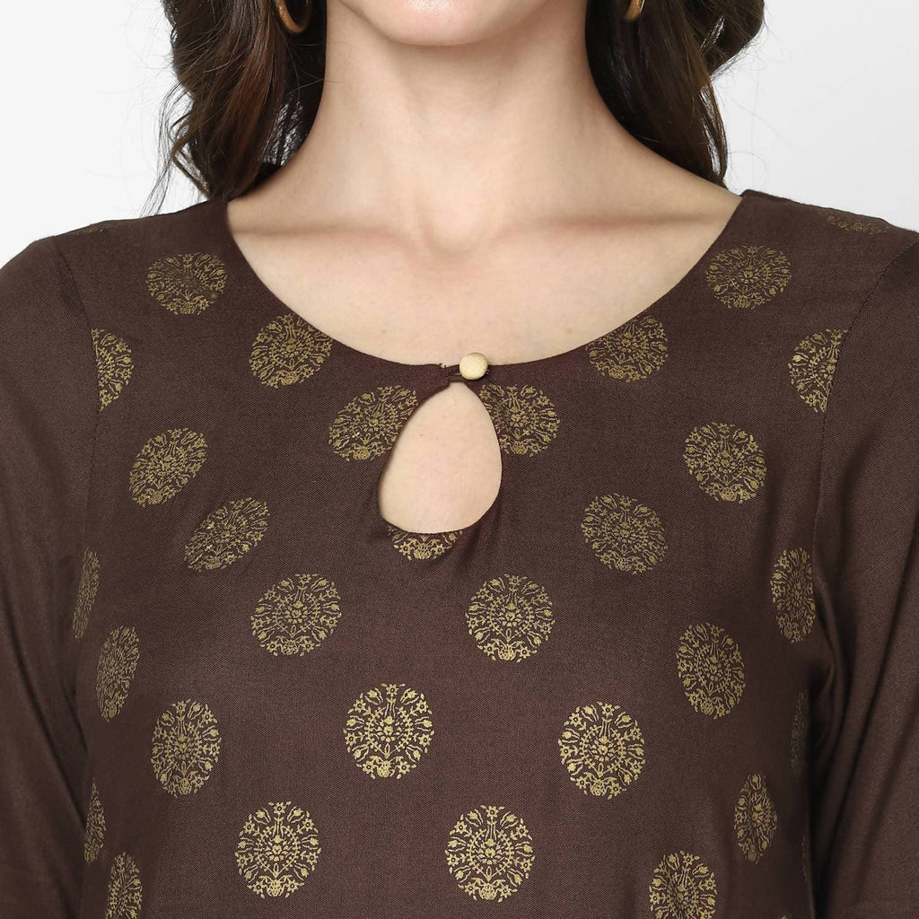 Cheera Hand Block Print Brown & Skin Color Straight Kurta With Palazzo (MAAI-081K)