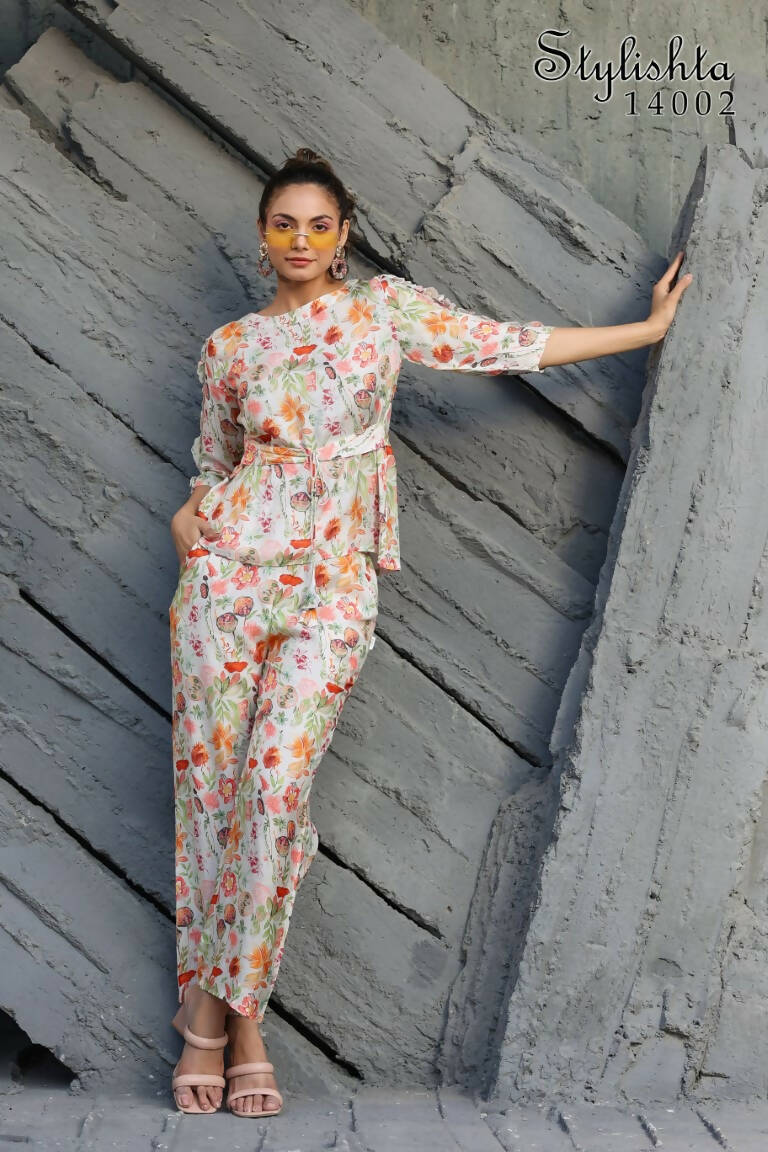 Women's Partywear Designer White & Multi Muslin co-ord set - Stylishta