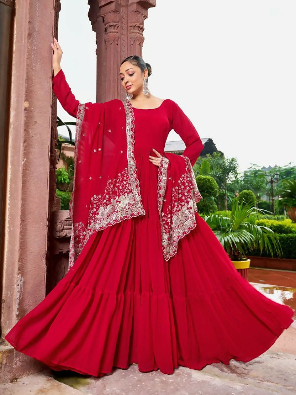 Joban Fashion Red Readymade Kurta Set With Sequence embroidery Work