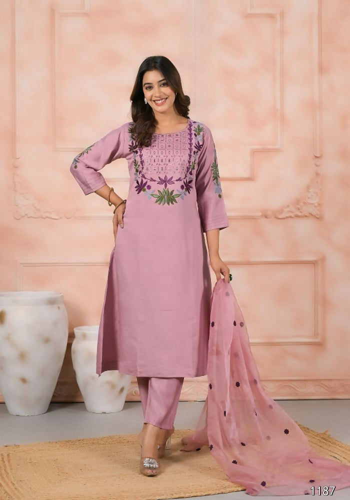 Ethnic Festive Wear Chanderi Slik Pink Stitched Suit With Dupatta - Anbazaar