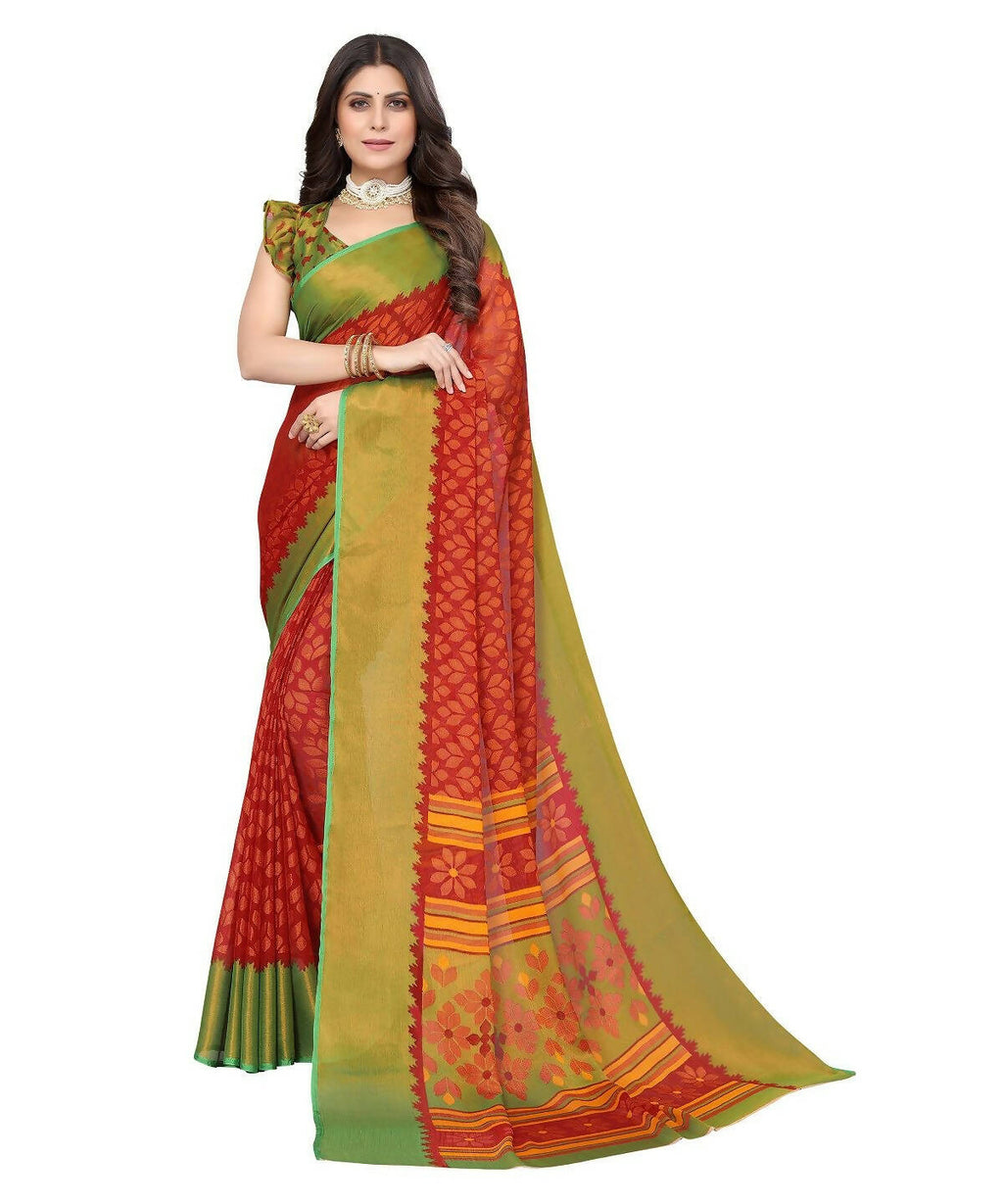 Vamika Red Chiffon Brasso Bollywood Style Woven Saree (ALIZA RED)