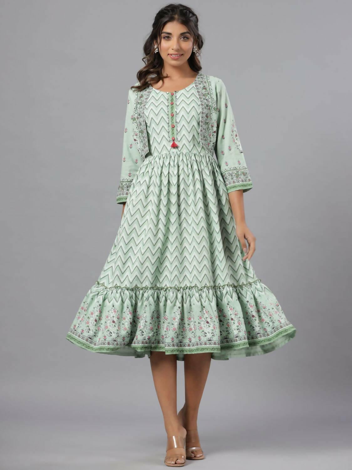 Juniper Women Sage Green Rayon Printed Jacket Style Midi Dress
