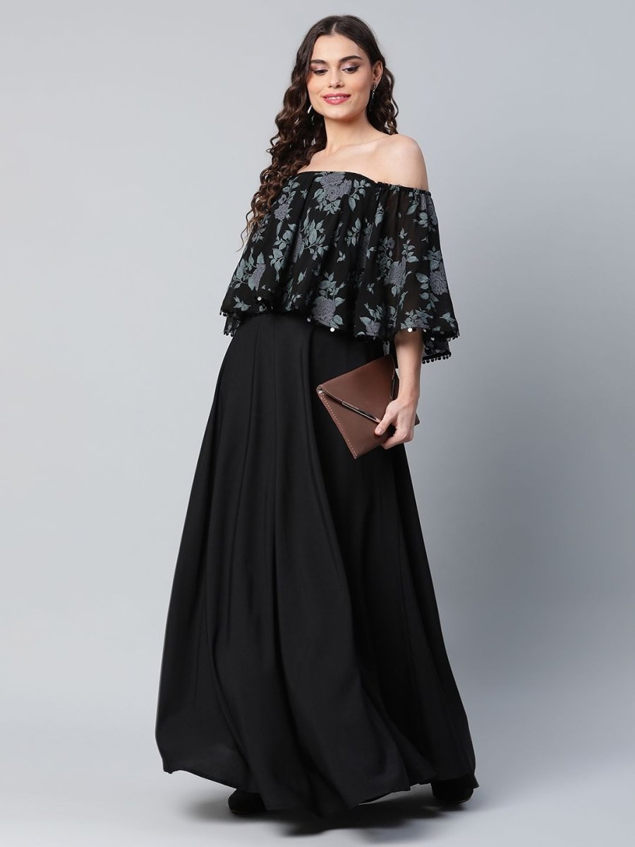 Ahalyaa Women Crepe Printed Black Dress