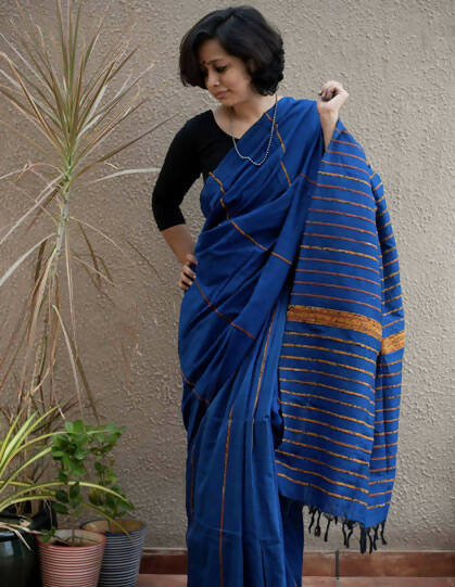 Exclusive Collection Khadi Cotton Handloom Khesh Saree With Blouse Piece - Blue