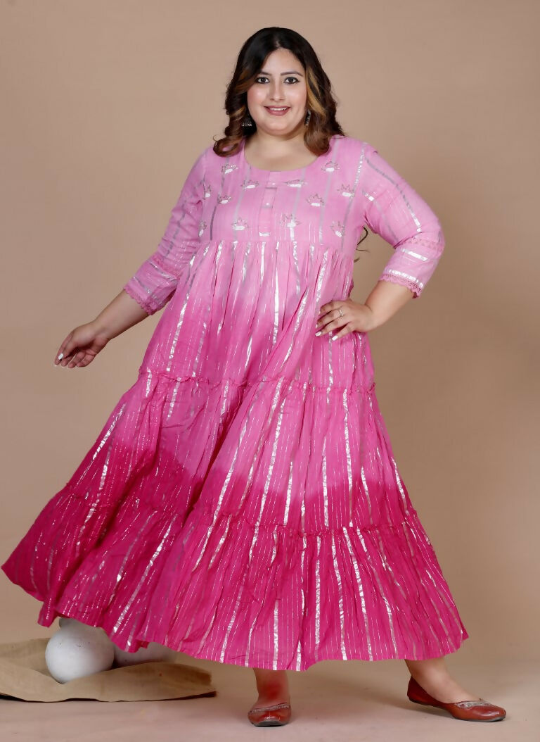 Miravan Women's Plus Size Cotton Embroidery And Lace Work Pink Party Wear Anarkali Kurta